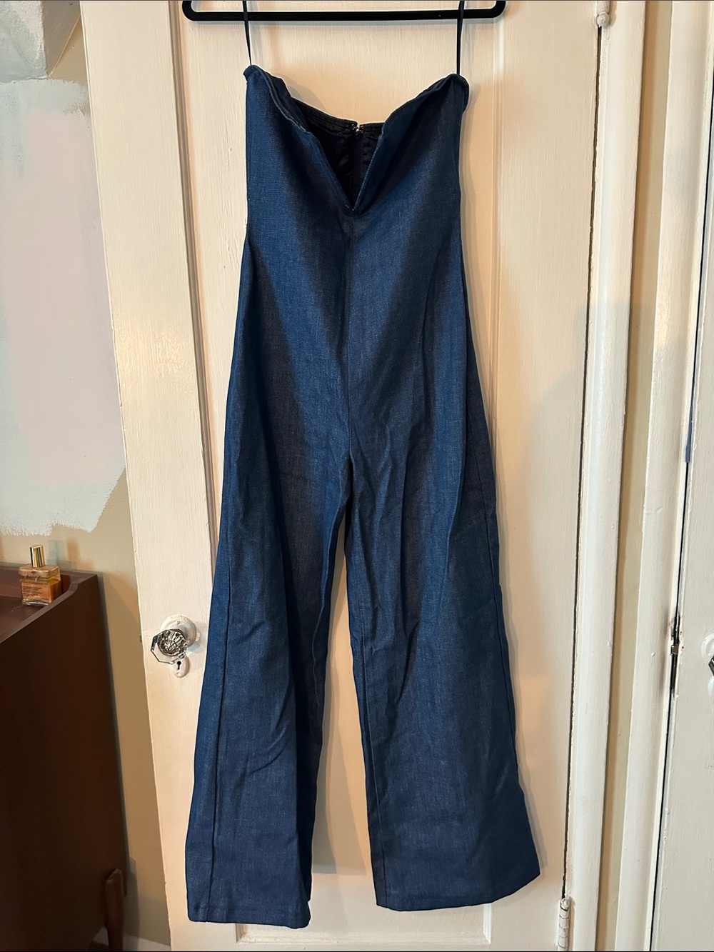 Good American Strapless Plunge Front Blue Denim Jumpsuit with Back Zip